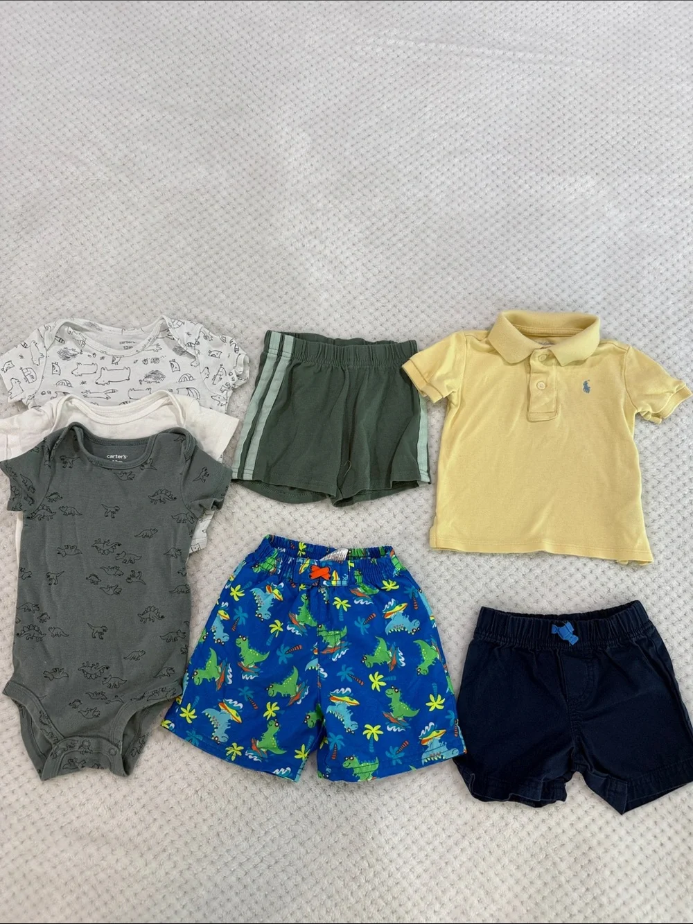 Ralph Lauren Yellow Polo with Mixed Baby Basics - Blue Dino Shorts 12 M